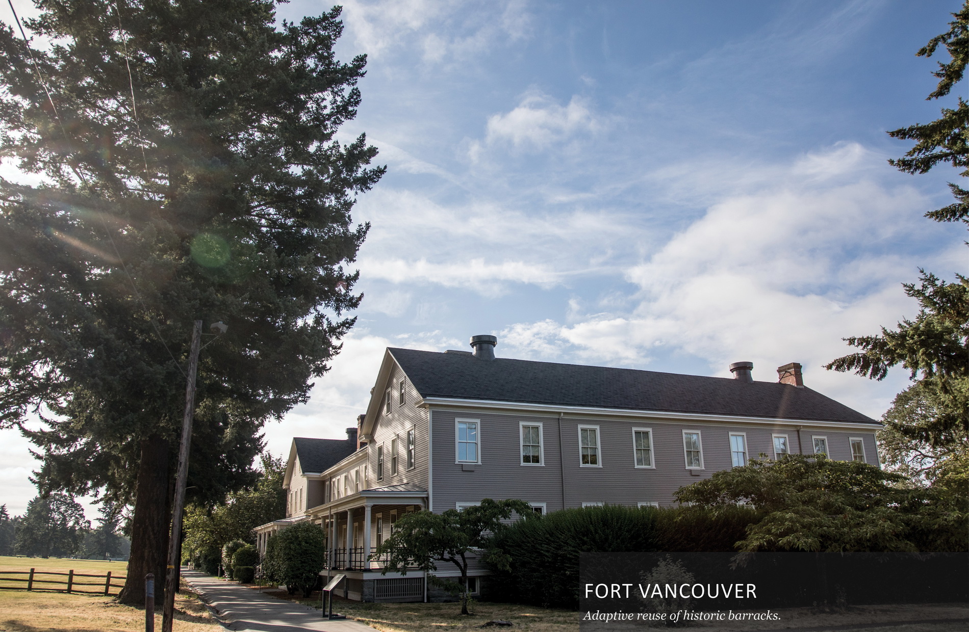 Fort Vancouver barracks surrounded by trees