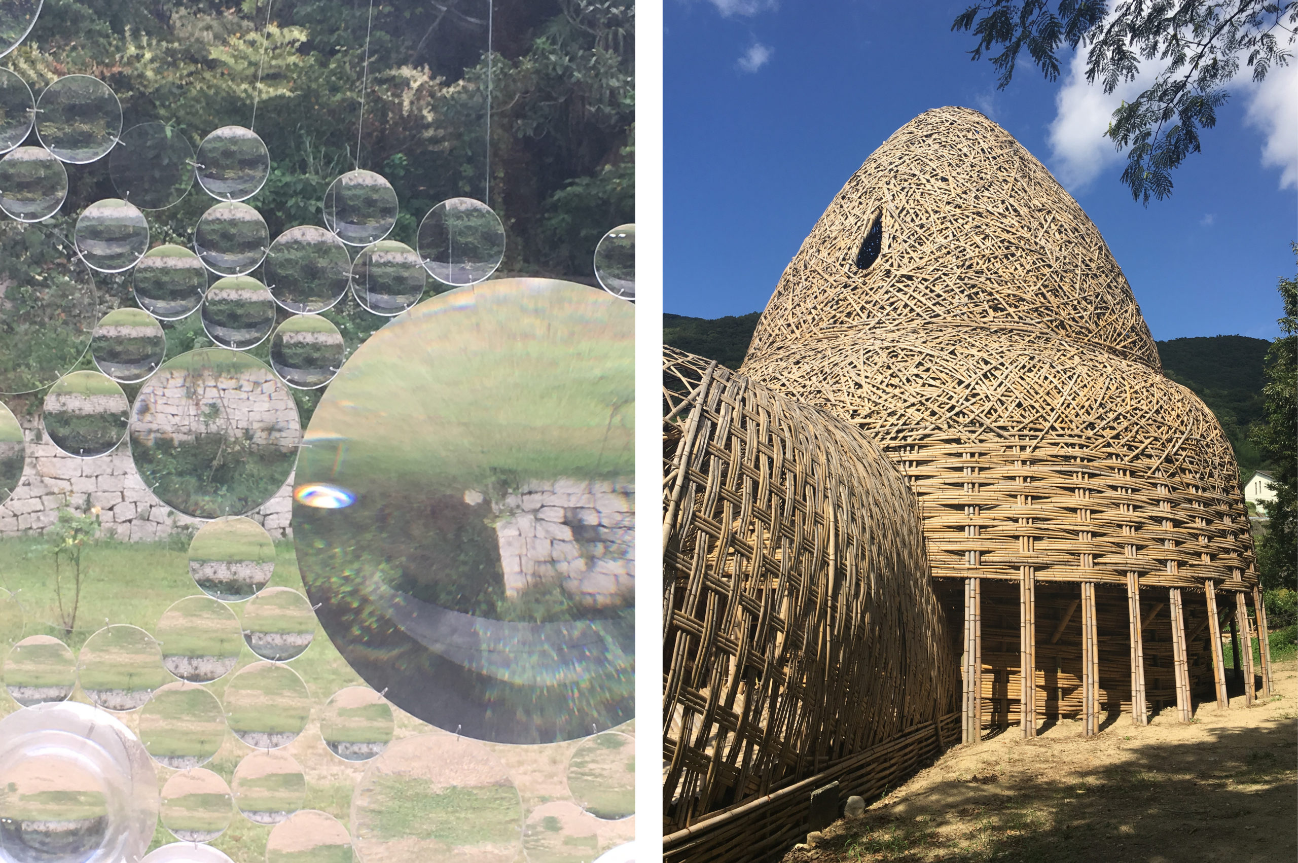 Collage of water drops and a bamboo installations