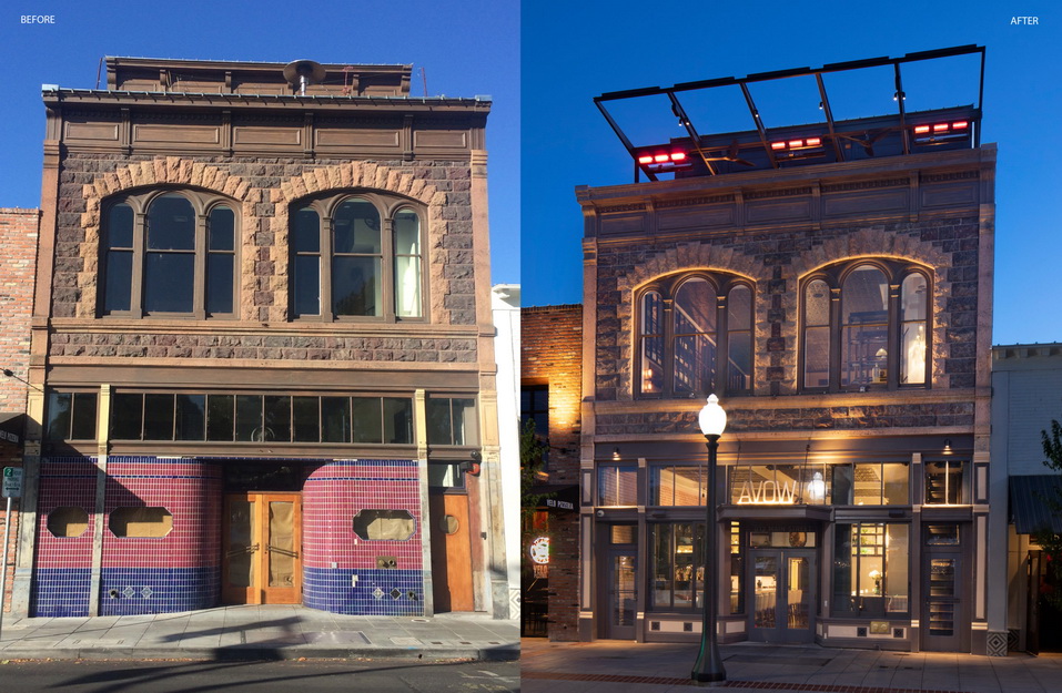 Collage of the exterior front of a tile and brick building showing before and after restoration