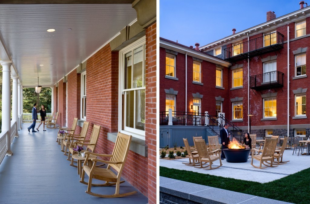 Collage of Inn at the Presidio exterior front porch and outdoor lounge