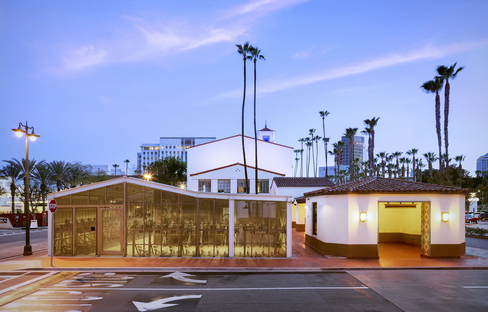 Twilight view of the Metro bike hub at LA Union Station