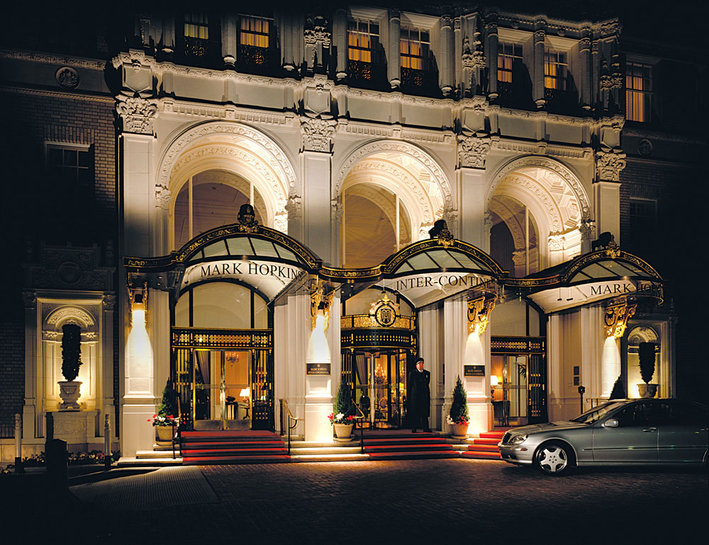 Evening entrance view of the Intercontinental Mark Hopkins Hotel