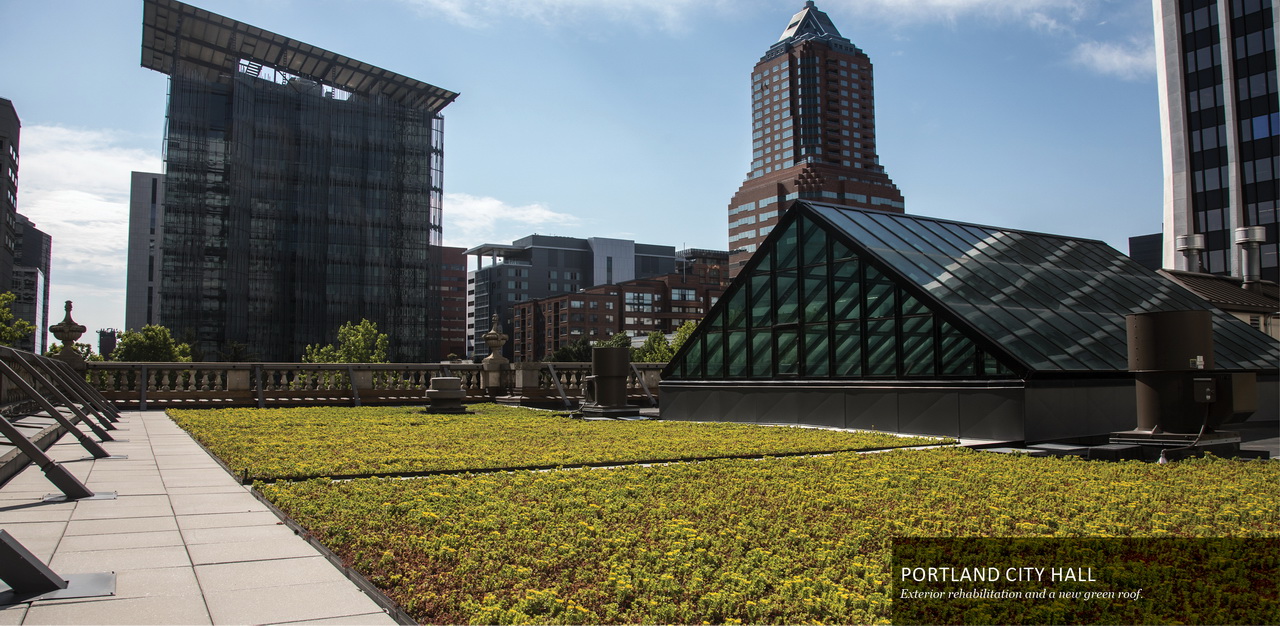 Green roof on Portland City Hall with afar building views