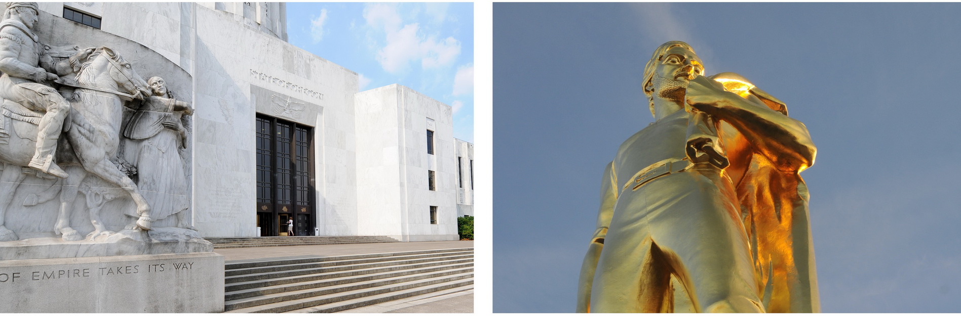 collage of OR capitol, on the left a side view of steps and monument and on the right a large gold man statue