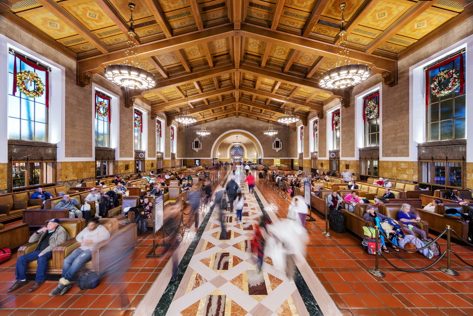 Interior crowded seating area of LA Union Station